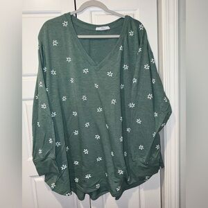 Green Floral V-Neck Women Top 3XL